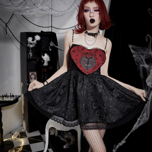 Gothic Flowers and Skeleton Heart Camisole Dress