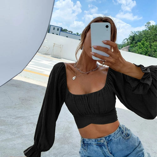 Long Sleeve Square Neck Tie Back Crop Top