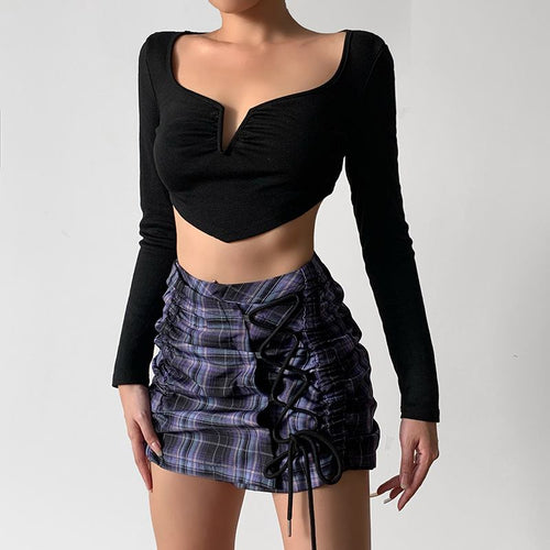 Sexy Drawstring Ruched Plaid Mini Skirts