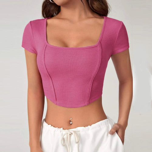 Square Neck Knit Tops Pink Slim Fit T-Shirt