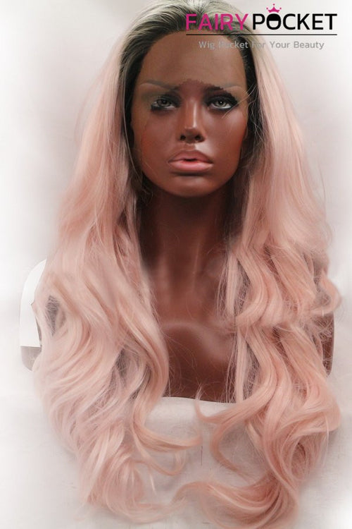 Nature Black to Light Pink Ombre Long Wavy Lace Front Wig