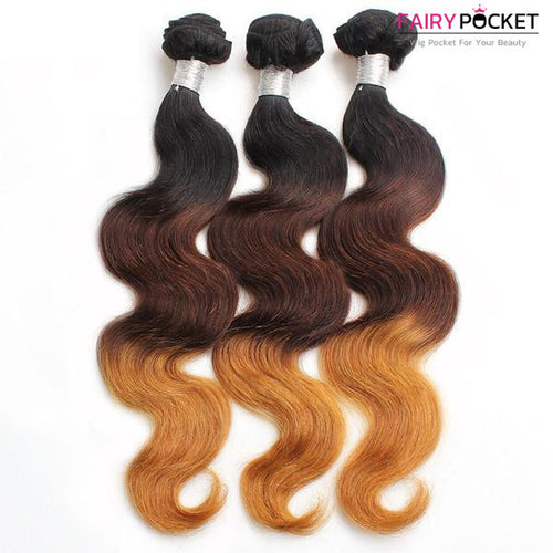 3 Bundles of Black To Medium Brown To Strawberry Blonde Wavy Human Hair Weave