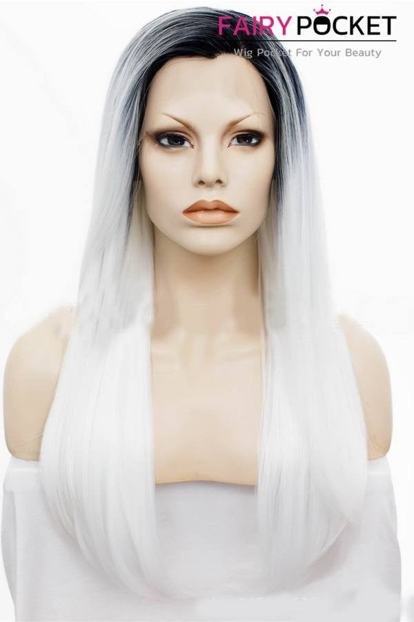 Black to White Ombre Long Straight Lace Front Wig