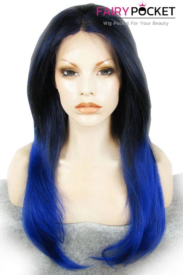 Nature Black to Dodger Blue Ombre Long Straight Lace Front Wig