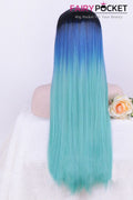Black to Dark Blue to Cyan Ombre Long Straight Lace Front Wig
