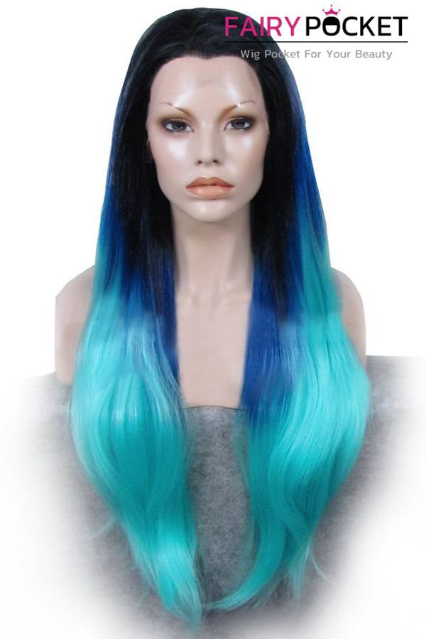 Black turns Dark Blue to Ice Blue Ombre Long Straight Lace Front Wig