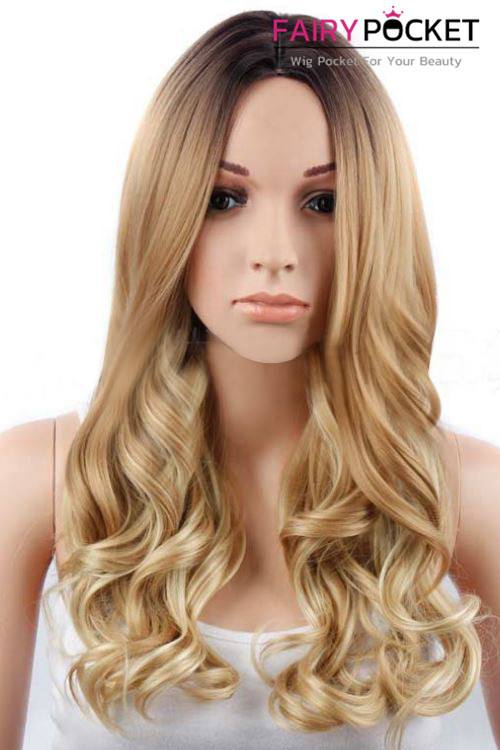 Long Wavy Black to Honey Brown Ombre Basic Cap Wig