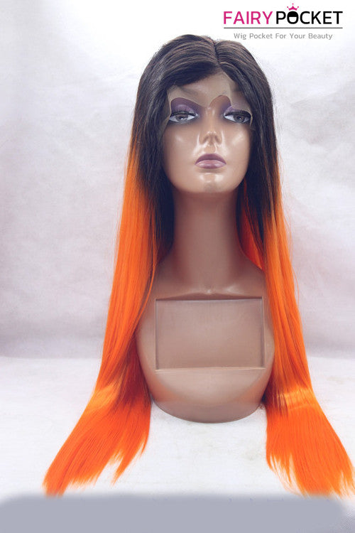 Black to Orange Ombre Long Straight Lace Front Wig
