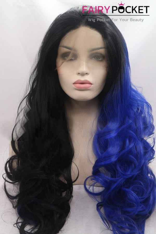 Black and Royal Blue Ombre Long Wavy Lace Front Wig