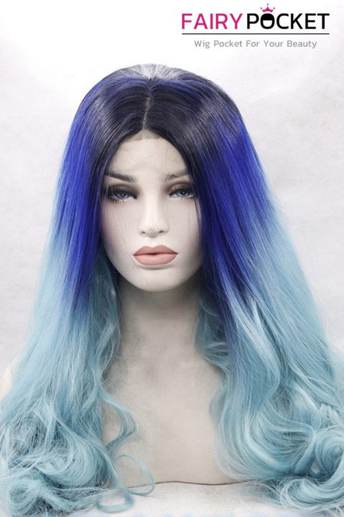 Black turns Blue to Turquoise Ombre Long Wavy Lace Front Wig