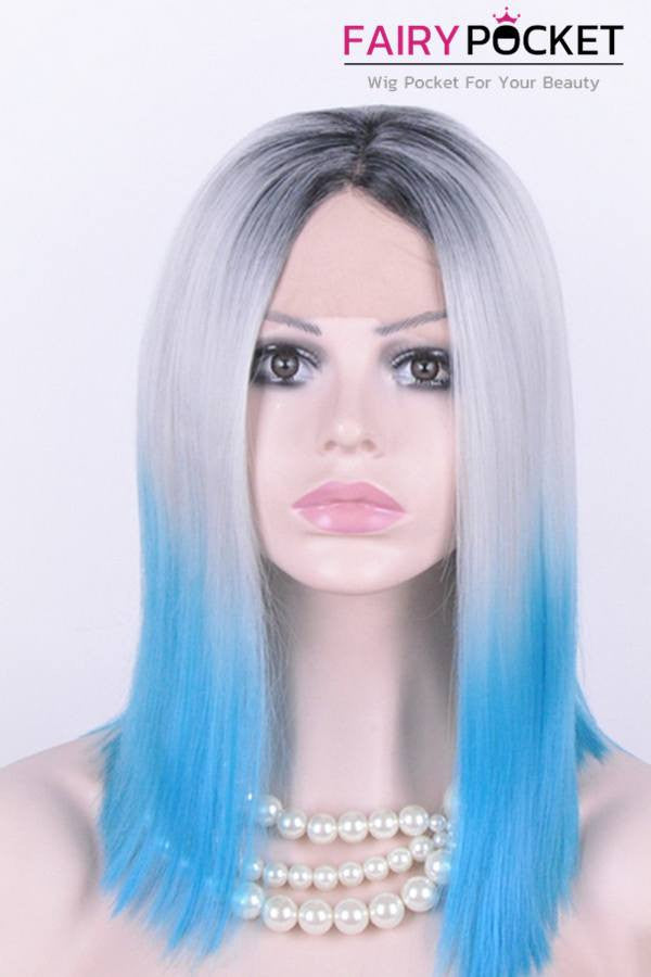  Black turns Whiteto Blue Ombre Medium Straight Lace Front Wig