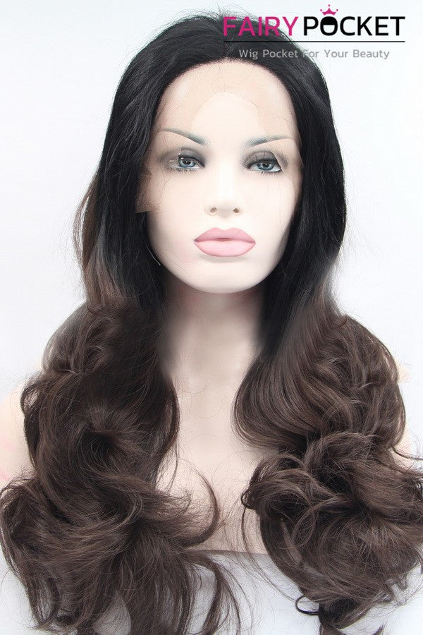 Black to Dark Brown Ombre Long Wavy Lace Front Wig