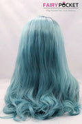 Black to Medium Turquoise Blue Ombre Long Wavy Lace Front Wig