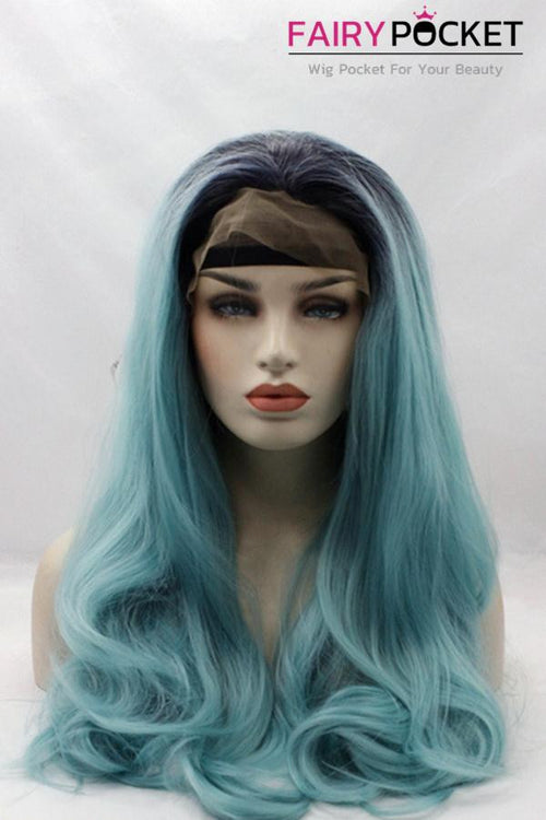Black to Medium Turquoise Blue Ombre Long Wavy Lace Front Wig