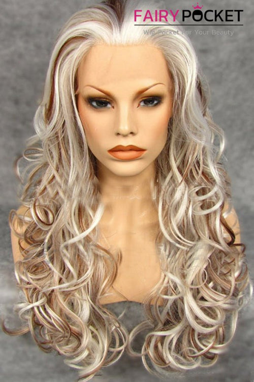Brown and White Long Wavy Lace Front Wig