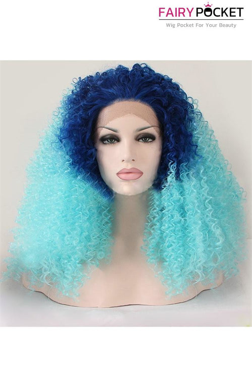 Dark Blue to Cyan Ombre Medium Curly Lace Front Wig
