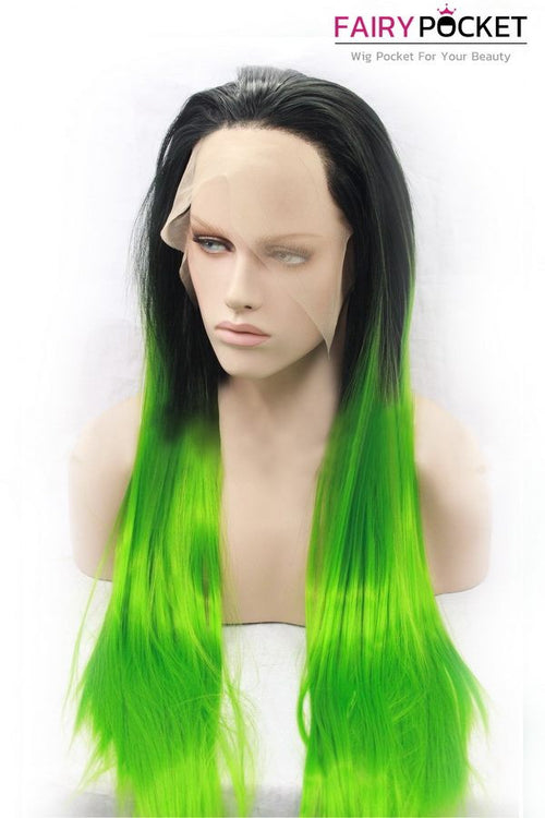 Nature Black to Lawn Green Ombre Long Straight Lace Front Wig