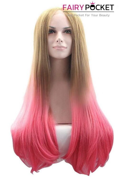 Brown and Blonde to Sorbet Pink Ombre Long Straight Lace Front Wig