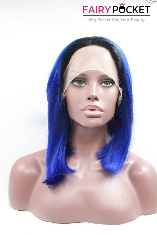 Black to Royal Blue Ombre Medium Straight Lace Front Wig