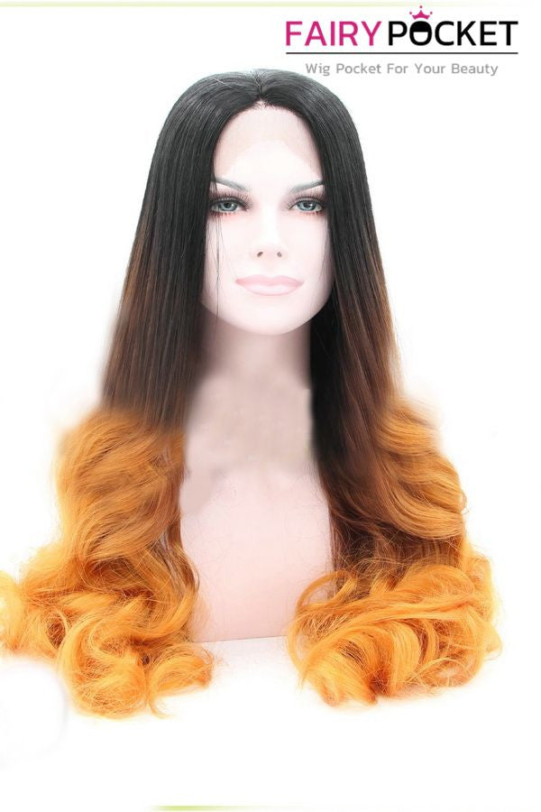 Nature Black turns Sable Brown to Bright Orange Ombre Long Wavy Lace Front Wig