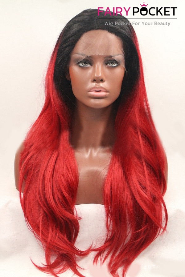 Black to Santa Red Ombre Long Wavy Lace Front Wig