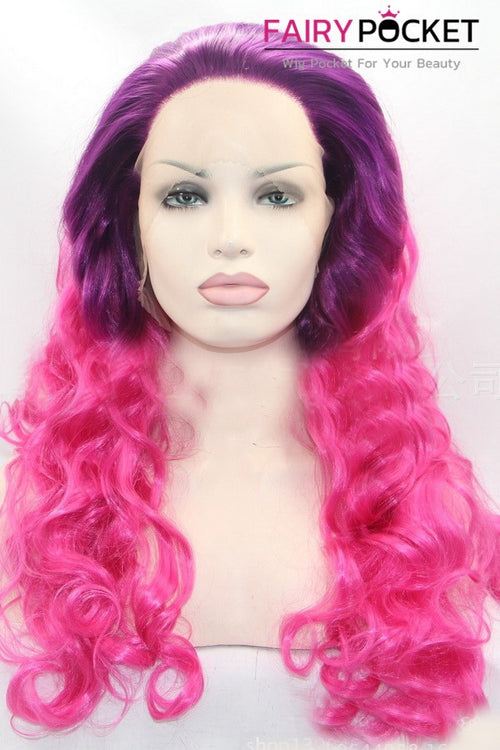 Purple to Hot Pink Ombre Long Wavy Lace Front Wig