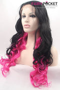 Black and Hot Pink Long Wavy Lace Front Wig