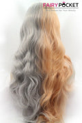 Half Grey Half Honey Brown Long Wavy Lace Front Wig