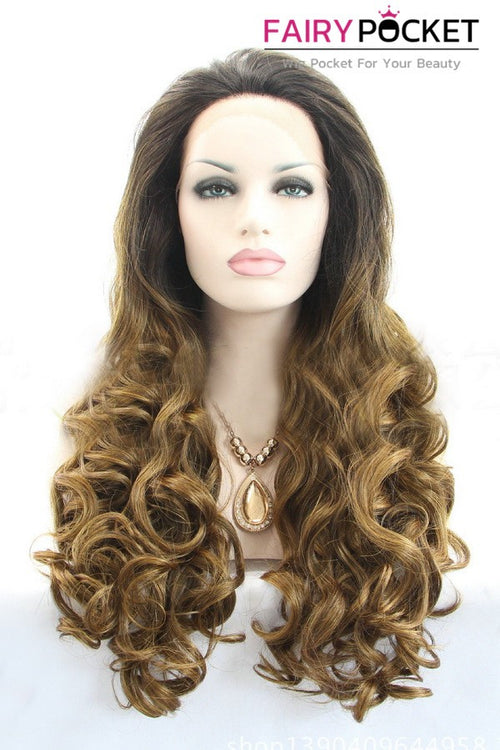 Nature Black to Golden Brown Ombre Long Wavy Lace Front Wig