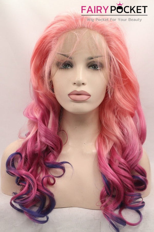 Salmon Pink turns Royal Fuchsia to Blue Ombre Long Wavy Lace Front Wig