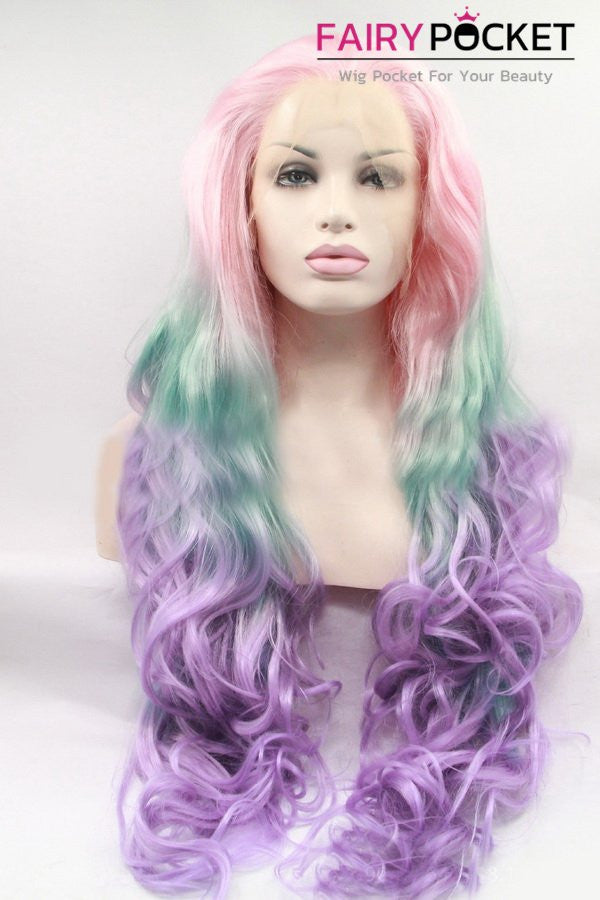Light Pink turns Aqua to Purple Ombre Long Wavy Lace Front Wig
