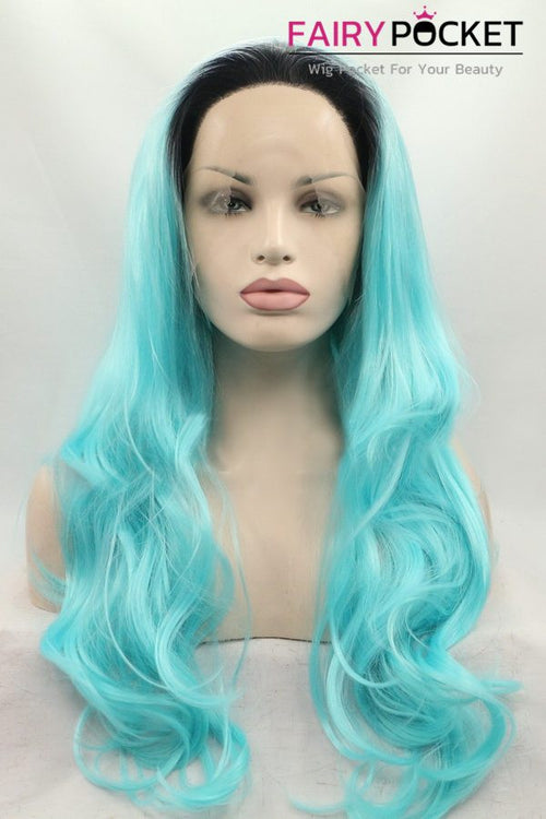 Black to Ocean Blue Ombre Long Wavy Lace Front Wig