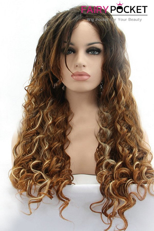 Black and Orange and Blonde Balayage Long Curly Lace Front Wig