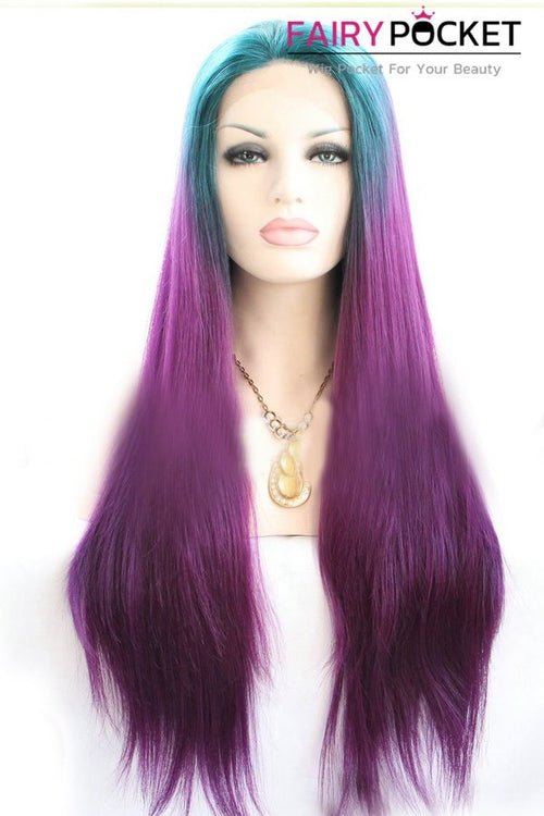 Ocean Blue to Purple Ombre Long Straight Lace Front Wig