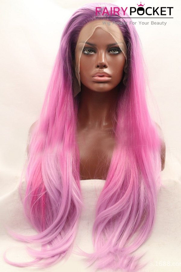 Lavender turns Hot Pink to Lavender Ombre Long Wavy Lace Front Wig