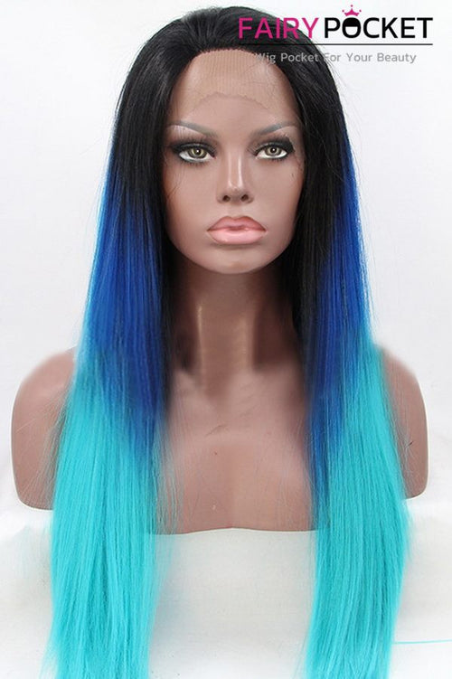 Nature Black turns Royal Blue to Cyan Ombre Long Straight Lace Front Wig
