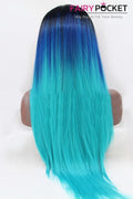 Nature Black turns Royal Blue to Cyan Ombre Long Straight Lace Front Wig