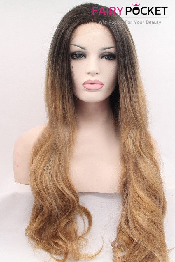 Nature Black to Sandy Brown Ombre Long Wavy Lace Front Wig