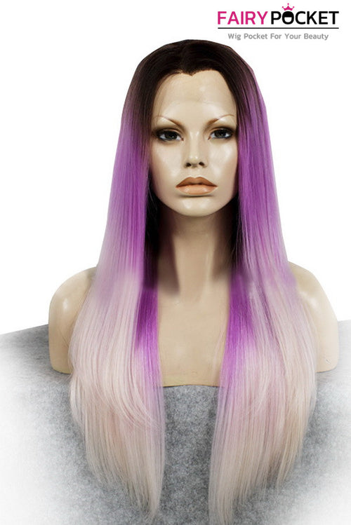 Black turns Orchid Purple to Light Pink Ombre Long Straight Lace Front Wig