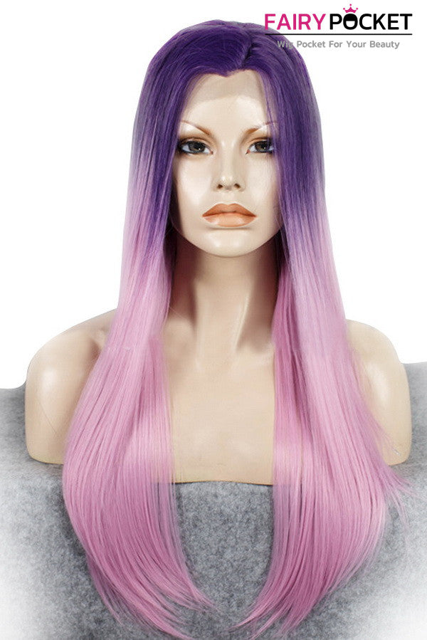 Dark Violet to Light Pink Ombre Long Straight Lace Front Wig