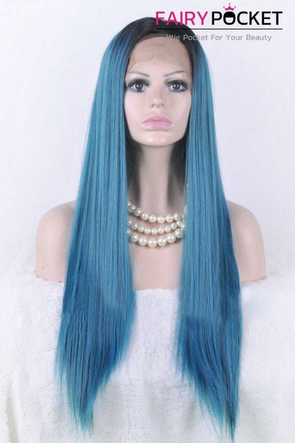 Ice Blue Highlight Long Straight Lace Front Wig