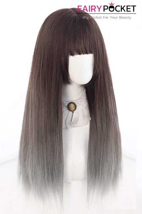 Lolita Long Straight Black Plum to Grey Ombre Basic Cap Wig