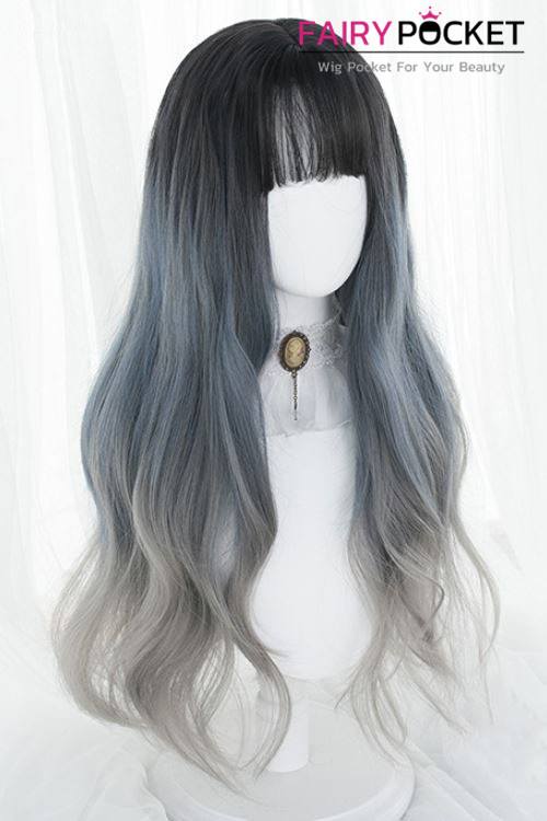 Lolita Long Wavy Black, Baby Blue and Neutral Grey Basic Cap Wig