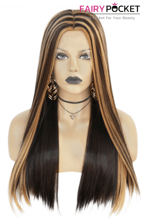 Long Straight Black and Honey Brown Lace Front Wig
