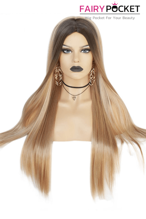 Long Straight Black to Mink Tan Ombre Synthetic Wig