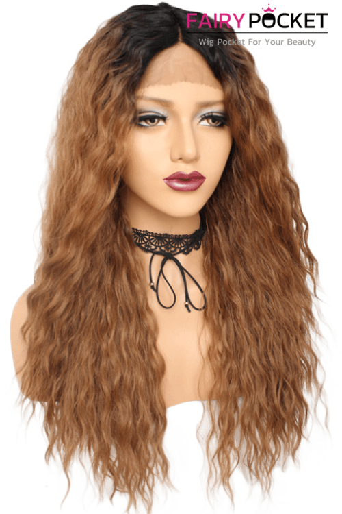 Long Wavy Black to Brown Ombre Lace Front Wig