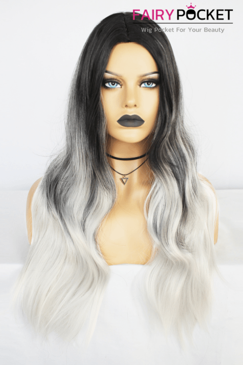 Long Wavy Black to Grey Ombre Synthetic Wig