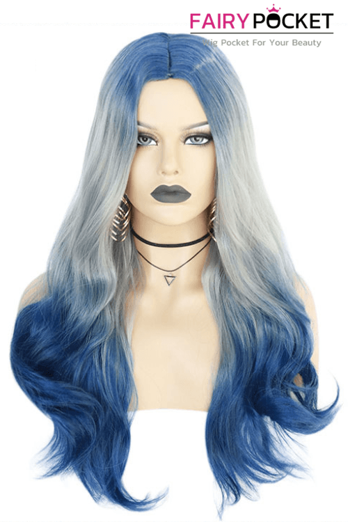 Long Wavy True Blue to Blonde Ombre Synthetic Wig