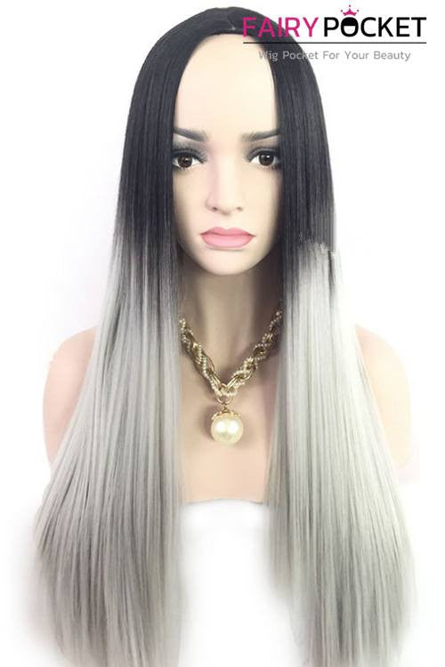 Long Straight Black Root to Grey Basic Cap Wig