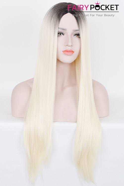 Long Straight Black to Light Buttermilk Ombre Basic Cap Wig